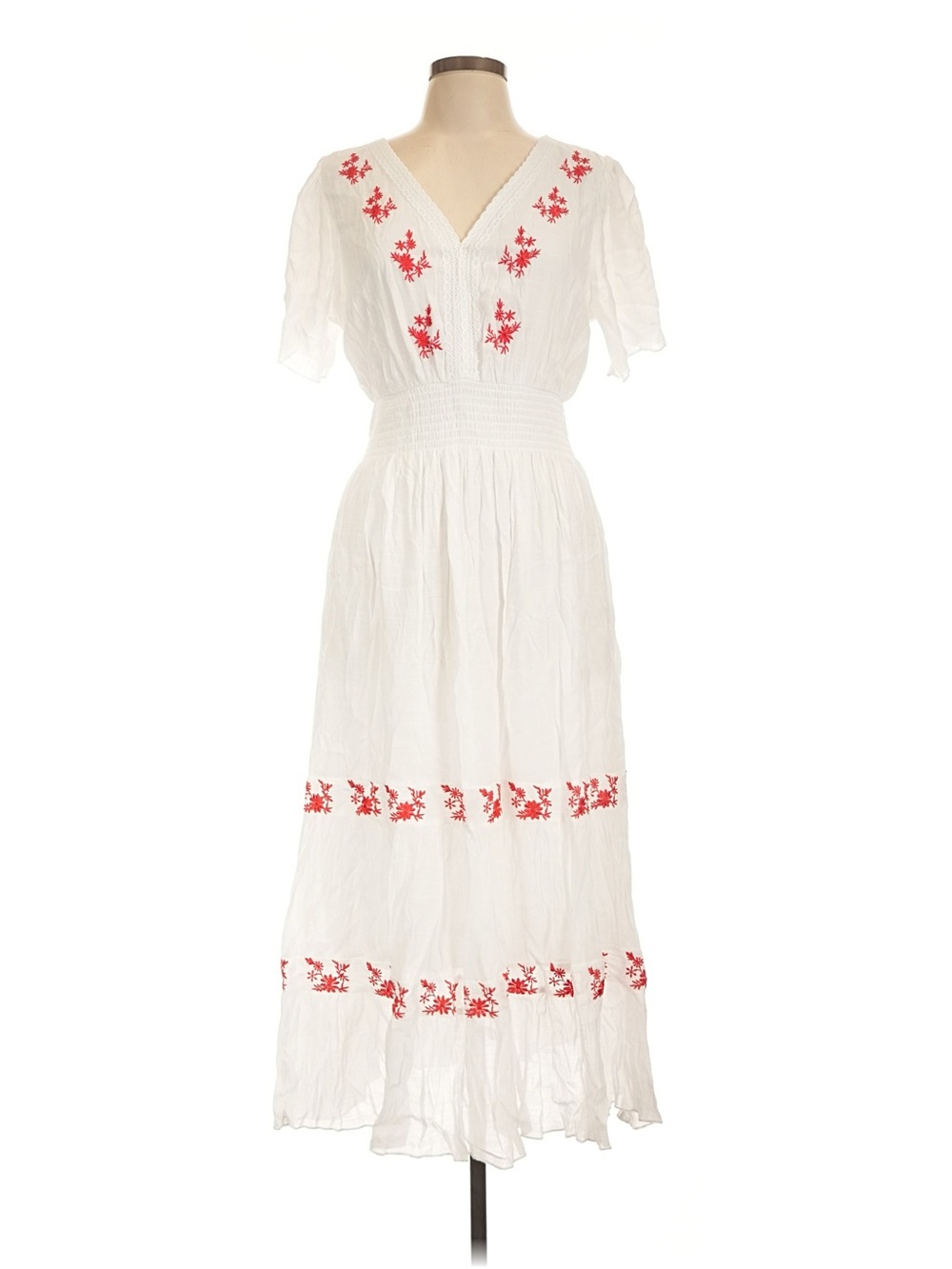 NWT Large White Maxi Dress with Red Floral Embroidery Accent